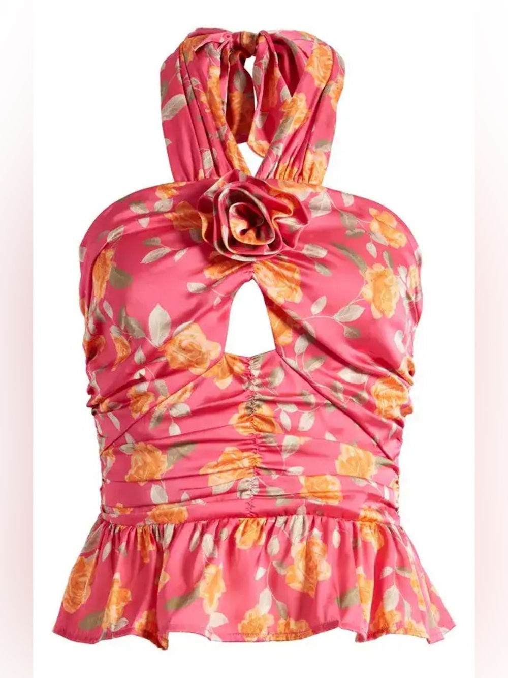 WAYF JADEN ROSETTE CUTOUT SATIN HALTER TOP SIZE L